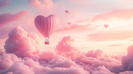 Obraz premium Heart-shaped Hot Air Balloon in Pink Clouds A Dreamy Escape
