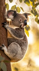 Obraz premium Cute Koala Climbing Tree Branch in Natural Sunlit Environment