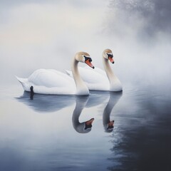Obraz premium Elegant Swans Gliding on Calm Misty Water at Dawn