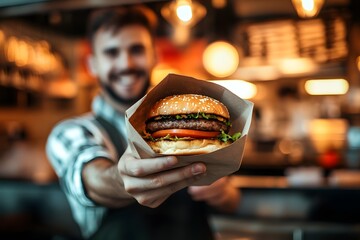 Obraz premium A smiling man holding up a burger in a paper bag, in front of a restaurant background. Food photography