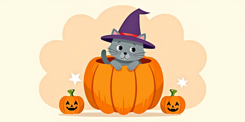 adorable gray kitten wearing a witch's hat sits inside a large pumpkin