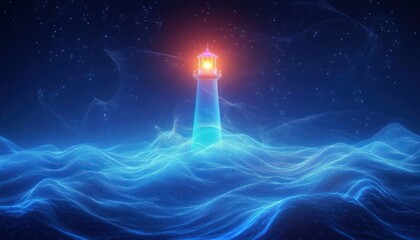 Futuristic Digital Lighthouse Glowing in Neon Waves Symbolizing Technological Guidance and Navigation