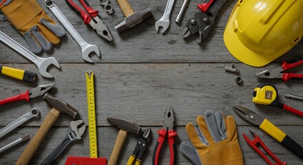 Assorted Construction Tools Arranged On Wooden Surface