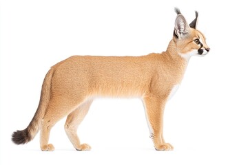 A graceful caracal cat stands elegantly against a white background, showcasing its distinctive features