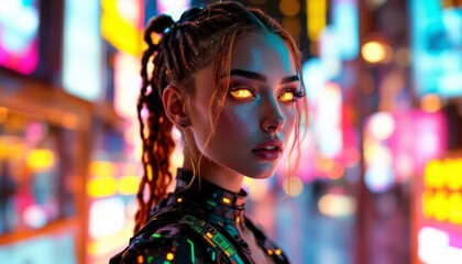 Obraz premium Cyberpunk Woman with Neon Eyes in a Cityscape