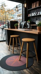 Fototapeta premium Modern Cafe Interior Wooden Stools Dark Decor City View
