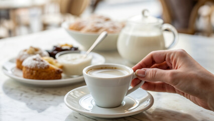 Fototapeta premium Hand holding a delicate coffee cup with a plate of pastries and cream pitcher in a charming café setting