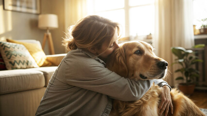 Woman embracing her golden retriever at home, showcasing the bond of emotional support and companionship