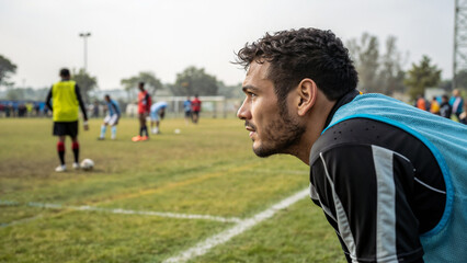 Fototapeta premium Soccer player focused on the game from the sidelines, observing teammates preparing to kick at goal 