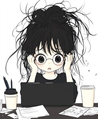 A stressed character with messy hair sits at a desk, surrounded by papers and coffee, looking overwhelmed while working on a laptop.
