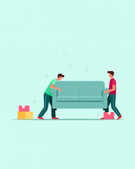 two men cooperatively moving a teal sofa