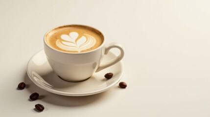 Aromatic Coffee Beverage in a White Cup with Latte Art and Roasted Beans on a Saucer
