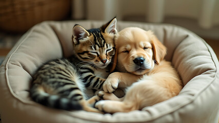 Golden Retriever and Tabby Cat Embrace in a Sunny Garden