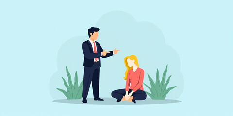 businessman points a finger at a seated woman indicating instruction or confrontation