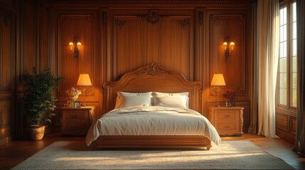 Serene Sunrise in a Luxurious Wooden Bedroom