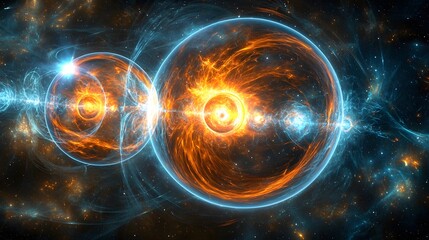 Cosmic energy spheres collide in space, fiery nebula background, science fiction artwork