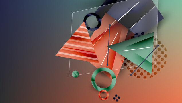 Abstract background - overlapping circles, rectangles, and triangles with vibrant gradients. Semi-transparent shapes create depth and balance