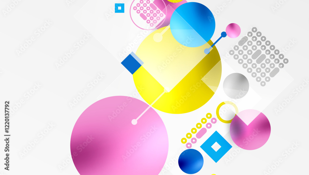Poster Minimalistic abstract vector design, layered geometric shapes circles, squares, and triangles with soft pastel gradients and semi-transparent effects. Perfect for contemporary use