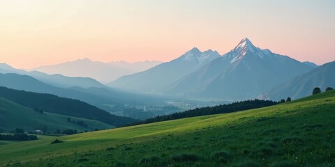 Naklejka premium Serene Sunset Panorama Over Rolling Green Hills and Majestic Mountains