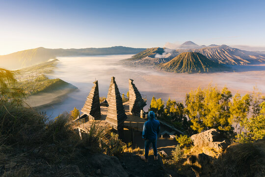 Tourist at Seruni Point Mount Bromo volcano (Gunung Bromo). Bromo Tengger Semeru National Park, East Java, Indonesia.