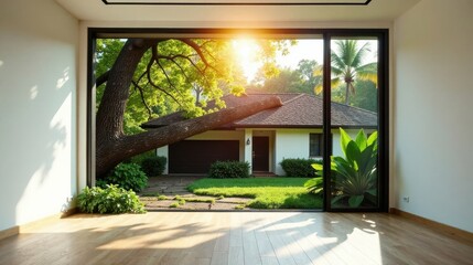 Empty room with large window showcasing a tree branch resting on a house's roof, bathed in sunlight