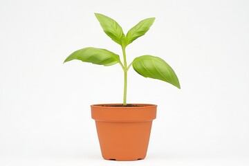 A vibrant green plant with broad leaves growing in a simple terracotta pot against a plain background