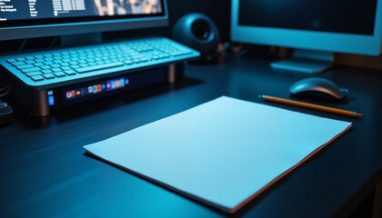 Desk setup with computer and blank paper at night