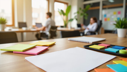 Office workspace with colorful sticky notes and plants