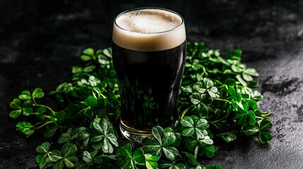 Guinness pint surrounded by shamrocks bar setting beverage closeup dark environment top view celebration of irish culture