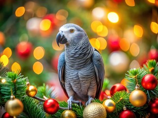 Obraz premium A gray parrot's joyful presence adorns a Christmas tree, captured in sparkling New Year's Eve bokeh.