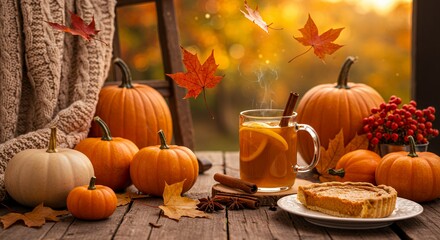 Autumnal Still Life Featuring Pumpkins Tea and Pie