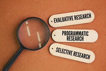 magnifying glass and stick with the words evaluative research, programmatic research, and selective...