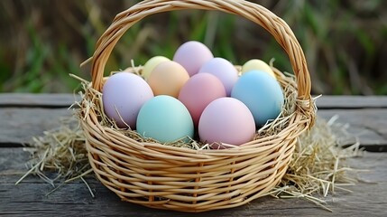Pastel Easter Eggs in a Wicker Basket