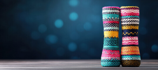 Colorful knitted socks on wooden surface with blurred lights