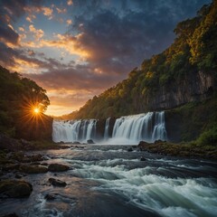 Describe a sunrise over a powerful waterfall.