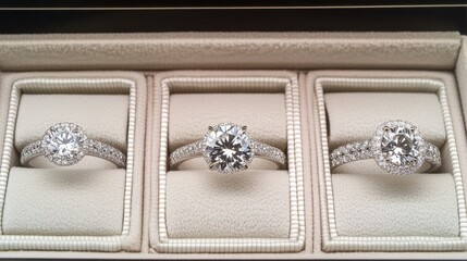 Obraz premium Close-up of luxury engagement rings in velvet boxes, arranged in a high-end jewelry store window.