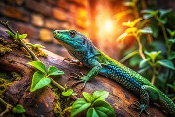 Fototapeta premium AI art: A dazzling blue-green lizard navigates the city's concrete jungle.