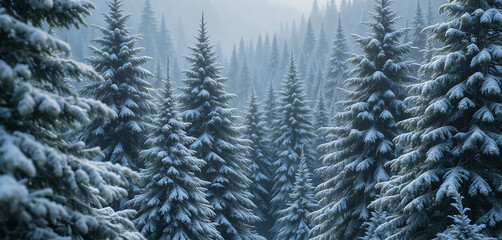 Fototapeta premium Evergreen Enchantment: Evergreen trees dusted with a light layer of snow, creating a serene winter scene.