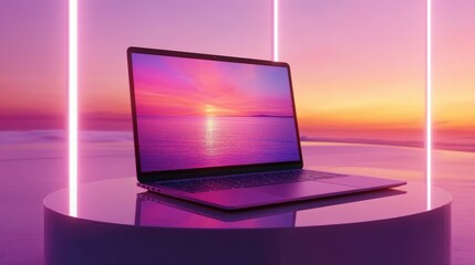 Laptop Displaying Serene Sunset Beachscape