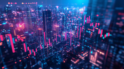Futuristic Cityscape with Glowing Financial Data Overlay
