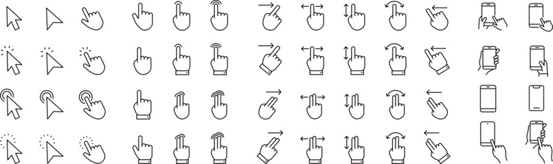 ベクターでモノクロのクリック・タップに関する線画アイコンセット