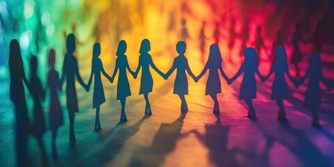 Row of interconnected white paper figures holding hands, casting vibrant colorful shadows on a soft-focus background with bokeh lights, symbolizing unity, diversity, and togetherness.