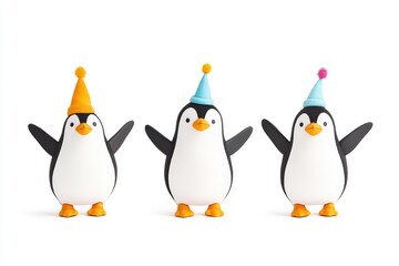 Obraz premium Three cheerful penguins wearing colorful party hats, celebrating a festive occasion in a bright white background