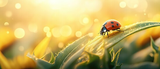Naklejka premium Ladybug on a Leaf at Golden Hour