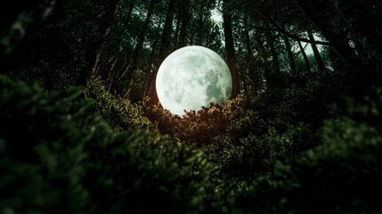 Fototapeta premium Enormous Moon over Dark Forest at Night Mystical Nature Scene