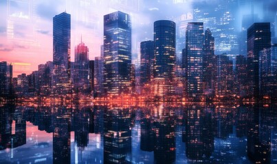 Obraz premium Double Exposure of Financial District with Business Charts and Glowing Cityscape Reflections During Dusk Depicting Market Trends and Urban Growth Potential, Generative AI