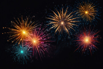 festive decorative colorful fireworks explosions isolated on dark background. Holyday decorative elements and Congratulation banner.
