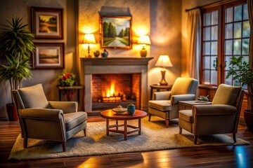 AI-generated tilt-shift image: a warm living room featuring fireplace, comfortable armchairs, and a blank poster.
