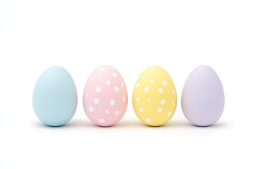 Obraz premium Four pastel-colored eggs with polka dots arranged in a row, symbolizing spring festivities and creativity