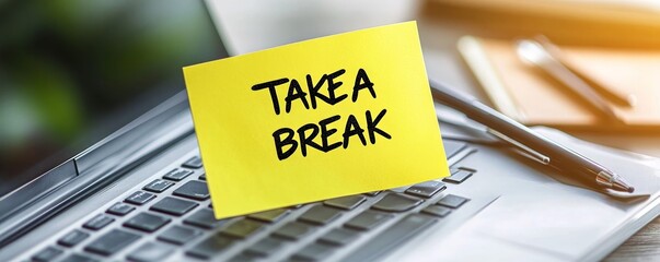 Yellow sticky note with "TAKE A BREAK" handwritten message on a laptop keyboard, a reminder for work-life balance, rest, and self-care during busy workdays, Generative AI